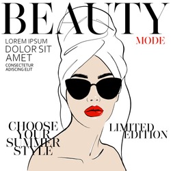 Beauty spa face with red lips and with sunglasses, pretty woman in towel and bathrobe in style of magazine cover design. Portrait girl Fashion style, beauty. Graphic, sketch drawn. Vector illustration