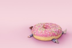 Girl with  donut. Fast food concept, overweight. Minimal pink background with copy space