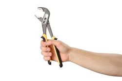 Hand holds adjustable pliers to repair something. Isolated object on white. Do it yourself