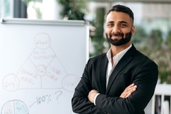 Close-up portrait intelligent smart Indian corporate top manager or business coach, wearing formal suit, standing near whiteboard with graphs in modern office with arms crossed, looks at camera, smile
