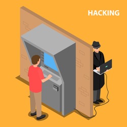 The thief hacks the software and the payment terminal system. Vector isometric illustration.