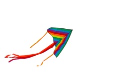 Kite isolated on white. Fancy Kites. Rainbow kite flying in sky with clouds. Freedom and summer holiday concept.