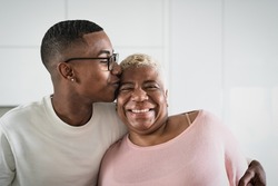 Happy mother and son portrait - Parents love and unity concept