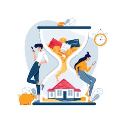 Property investment concept, wealth growth in long term. Flat cartoon people wait return of money investment in real estate. Buy a new home, family budget savings, save up a house. Vector illustration