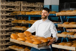 A baker holds a tray with fresh hot bread in his hands against the background of shelves with fresh bread in a bakery. Industrial bread production