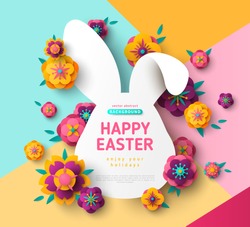 Easter card with bunny rabbit shape frame, spring flowers on colorful modern geometric background. Vector illustration. Place for your text.