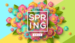 Spring sale flyer template with paper cut flowers and leaves with frame. Bright colorful geometric background. Vector illustration. Fresh design for posters, brochures or vouchers.