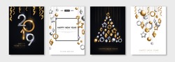 Christmas and New Year posters set with hanging gold and silver 3d baubles and 2019 numbers. Vector illustration. Winter holiday invitations with geometric decorations