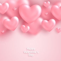 Pink Valentine's Day background, 3d hearts on bright backdrop. Vector illustration. Cute love banner or greeting card. Place for text
