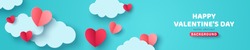 Horizontal banner with blue sky and paper cut clouds. Place for text. Happy Valentine's day sale header or voucher template with hearts.