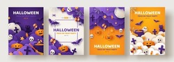Happy Halloween party posters set with night clouds and pumpkins in paper cut style. Vector illustration. Full moon, witch cauldron, spiders web and flying bat. Place for text. Brochure background
