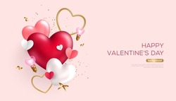 Happy Valentines Day banner with 3d red heart balloons, gold metal shapes and light bulbs on pink background. Gift card, love party, invitation voucher design, poster template, place for text