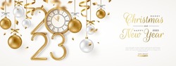 Merry Christmas and Happy New Year banner with hanging gold and white 3d baubles, confetti and 2023 numbers. Vector illustration. Winter holiday decorations, golden vintage clock. Place for text