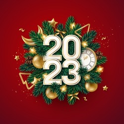 Merry Christmas Happy New Year 2023 Poster, Paper numbers. Xmas Fir Tree Branches, Golden Baubles, Moon, Clock on Red Background. Vector illustration. Winter holiday template design, banner, flyer