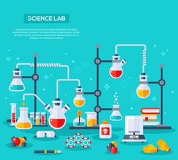 Flat design vector illustration concept of chemistry experiment. Chemist laboratory workspace. Chemical reactions research