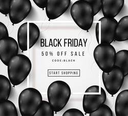 Black Friday Sale Poster with Shiny Balloons on White Background with Square Frame. Vector illustration.
