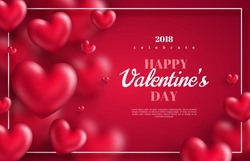 Pink Valentine's Day background with 3d hearts on red. Vector illustration. Cute love banner or greeting card. Place for text