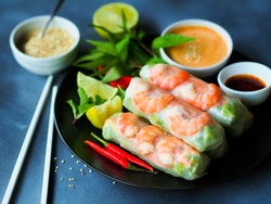 Fresh summer rolls with shrimp and vetgetables,Vietnamese food for healthy food concept.