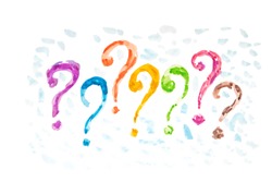 multicolored question marks painted with watercolors on isolated white background