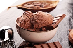 Chocolate coffee ice cream ball in a bowl with organic chocolate