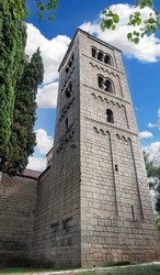 Bell tower of the Monastery of San Miguel, in Poble Espanyol, Spanish Village in Barcelona, Catalonia, Spain.