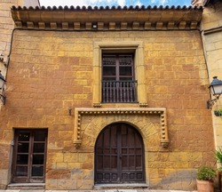 Casa de la torre (tower house) from Ayllon, Segovia, in Poble Espanyol, Spanish Village in Barcelona, Catalonia, Spain.