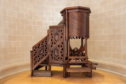 Wooden Pulpit used in homilies by priests in Barcelona, Catalonia, Spain. 