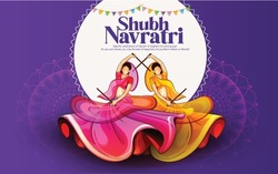 Happy Navratri, illustration of couple playing Dandiya in disco Garba Night banner poster for Navratri Dussehra festival of India