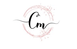 Handwritten Cm C m letter logo with sparkling circles with pink glitter. Decorative vector illustration with C si m letters.
