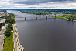 Yaroslavl, Russia. Railway bridge in Yaroslavl. Bridge over the Volga river. Aerial view