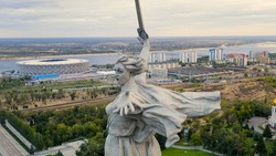 Volgograd, Russia. Evening view of the sculpture Motherland Calls! on the Mamaev Kurgan in Volgograd. Cloudy weather, Aerial View  