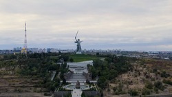 Volgograd, Russia. Evening view of the sculpture Motherland Calls! on the Mamaev Kurgan in Volgograd. Cloudy weather, Aerial View  
