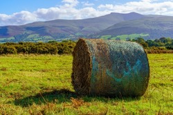 View of haystack and countryside in Brecon Beacons National Park, the South of Wales, UK