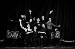 Youth theater, stage, actors, greeting, black and white photo
