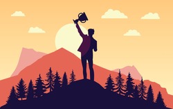 Prevail - Silhouette of man with raised hands trophy in front of sun. Landscape, nature and mountains in background. Winner, conquer, mission accomplished concept. Vector illustration. EPS
