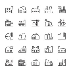 Industrial factory building 25 line icons vector