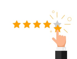 Feedback, reputation, quality, customer review concept flat style. Businessman hand finger pointing five golden star rating. Vector illustration