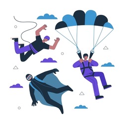Air extreme sport set. Young men bungee jumper with paraglider and rope basejumper. Guys free fall flying. Person paragliding with parachute. Hipster base jumping with wingsuit. Skydiving eps vector
