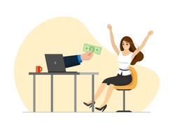 Happy successful businesswoman get money from laptop screen. Business woman receive good financial online income. Joyful female makes passive profit or gain. Get investment dividend and earning vector