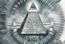 Conspiracy theory concept. All Seeing Eye and Pyramid on USA dollar banknote, macro photo with motion blur effect 