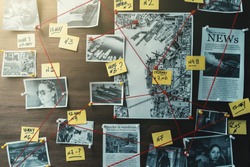 Detective board with photos of suspected criminals, crime scenes and evidence with red threads, retro toned