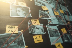 Detective board with photos of suspected criminals, crime scenes and evidence with red threads, selective focus, retro toned