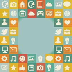 Vector frame with social media icons - abstract background in retro style