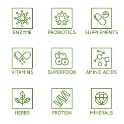 Vector set of icons and badges for packaging for natural health products, vitamins, supplements - healthy eating and dieting - set of design elements for organic and bio products