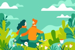 Vector illustration in flat linear style - spring illustration - landscape illustration with couple in love - exploring nature and trekking together - greeting card design template 