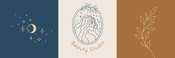 Vector abstract logo and branding design templates in trendy linear minimal style, emblem for beauty studio and cosmetics - female portrait, beautiful woman's face - badge for make up artist, fashion 