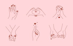 Vector set of abstract logo design template in simple linear style - holding hands gestures - love and friendship concepts - tattoo and sticker design elements. Valentine's day greeting card in minima