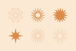 Vector set of linear boho icons and symbols - sun logo design templates  and prints - abstract design elements for decoration in modern minimalist style for social media posts, stories