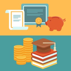 Vector invest in education concept in flat style - stack of coins and book with university hat