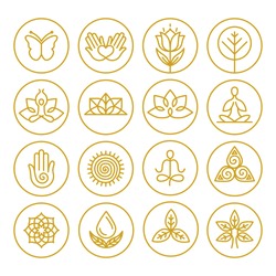 Vector yoga icons and round line badges - graphic design elements in outline style or logo templates for spa center or yoga studio